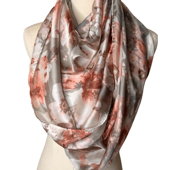 Floral Satin Infinity Scarf Grey Pink Muted Rose Elegant Romantic Feminine Soft - Picture 1 of 6